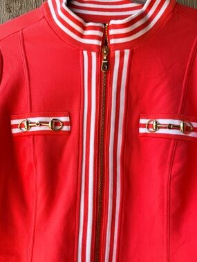 Snaffle Bit Boston Proper Bright Coral Zip-Front Equestrian Theme Jacket Stripes